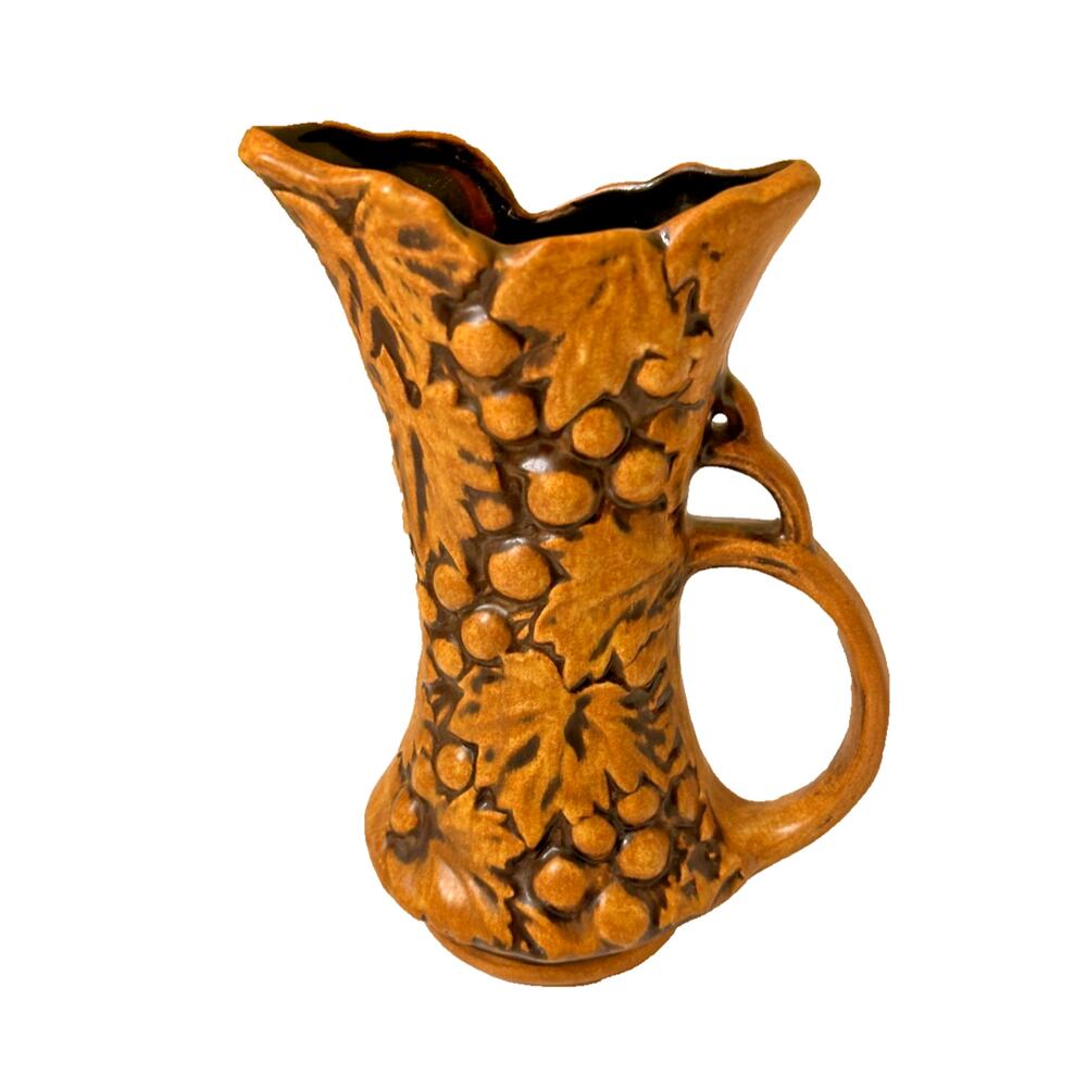 Vintage 1940 McCoy Pottery Brown Grape Leaf Decorative Pitcher With Handle